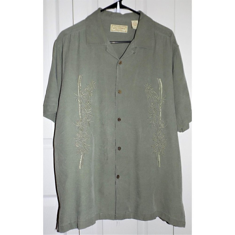 Boca Classics Island Wear M Silk green Aloha embroideredy short sleeve